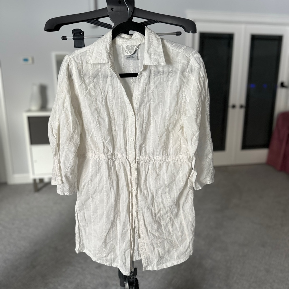 Chic White Button Down Shirt for Women Casual Costal Waist Tie - Picture 2 of 7